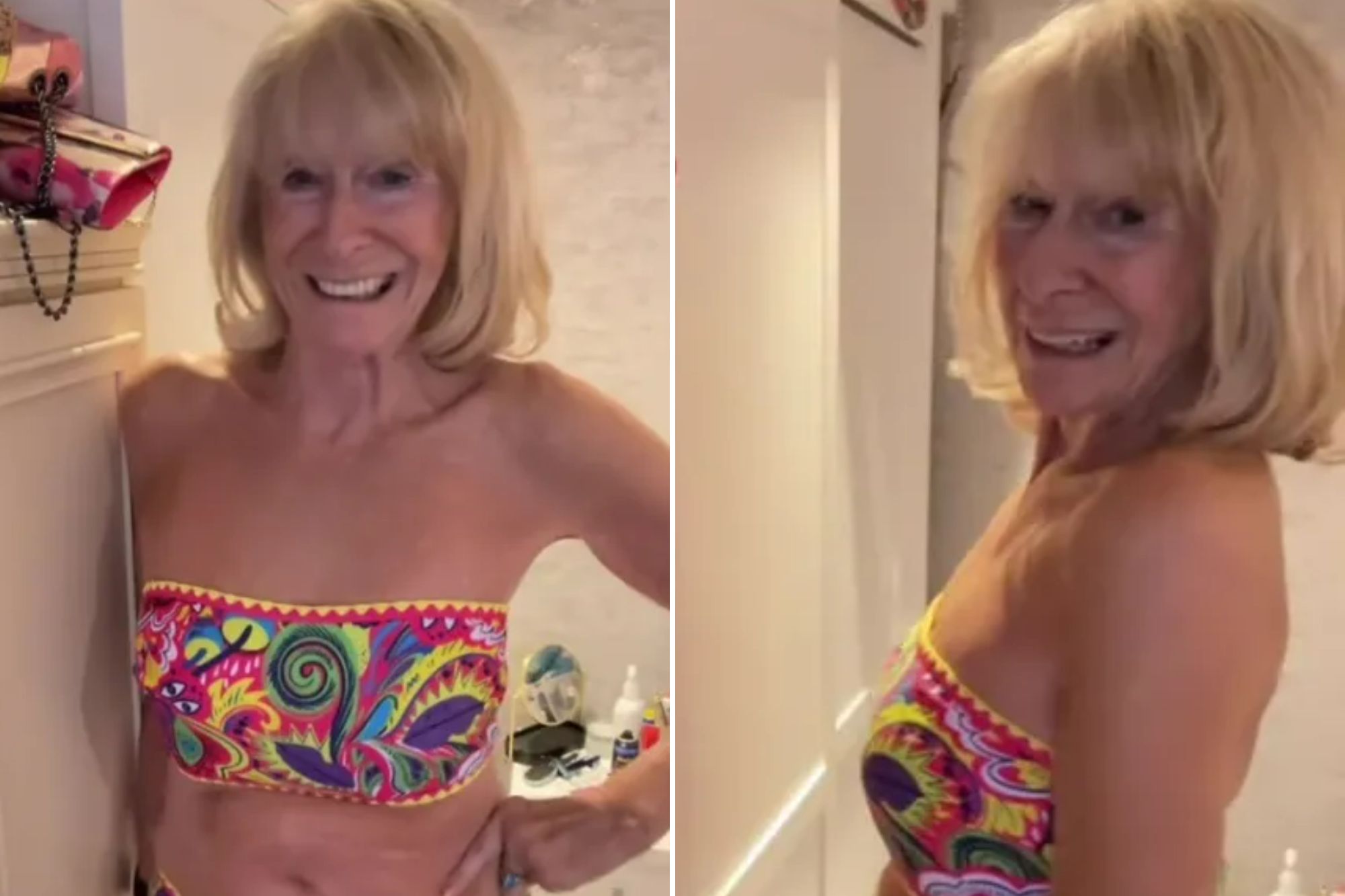 An image collage containing 2 images, Image 1 shows A 78-year-old woman in a brightly colored bikini, Image 2 shows An elderly woman in a colorful bikini