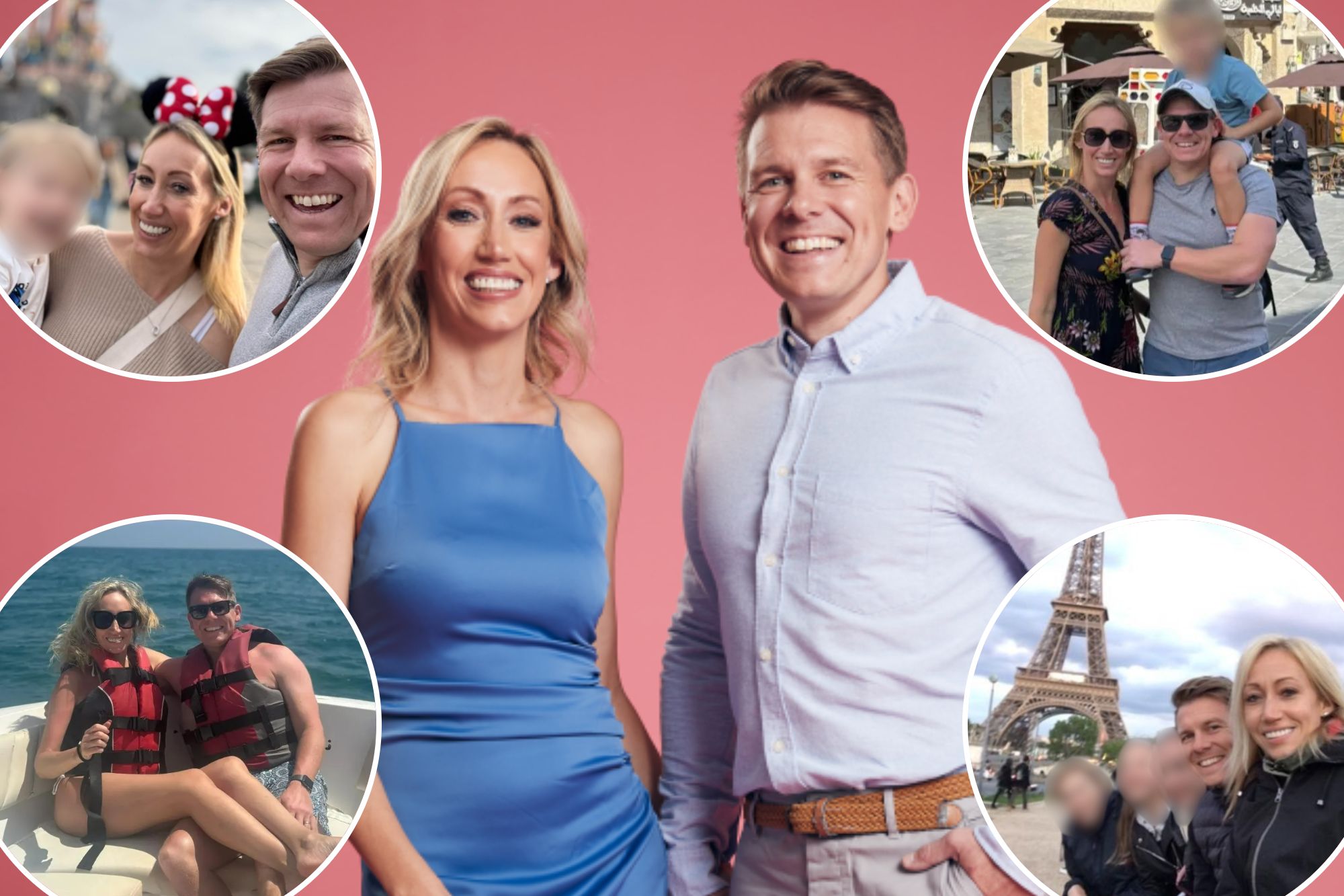 An image collage containing 5 images, Image 1 shows Katie and Danny posing for the camera, Image 2 shows Katie and Danny Bloomfield with a child in front of a castle, Image 3 shows Katie and Danny Bloomfield with a child on Danny's shoulders, Image 4 shows Katie and Danny Bloomfield on a boat, Image 5 shows Katie and Danny Bloomfield with the Eiffel Tower in the background