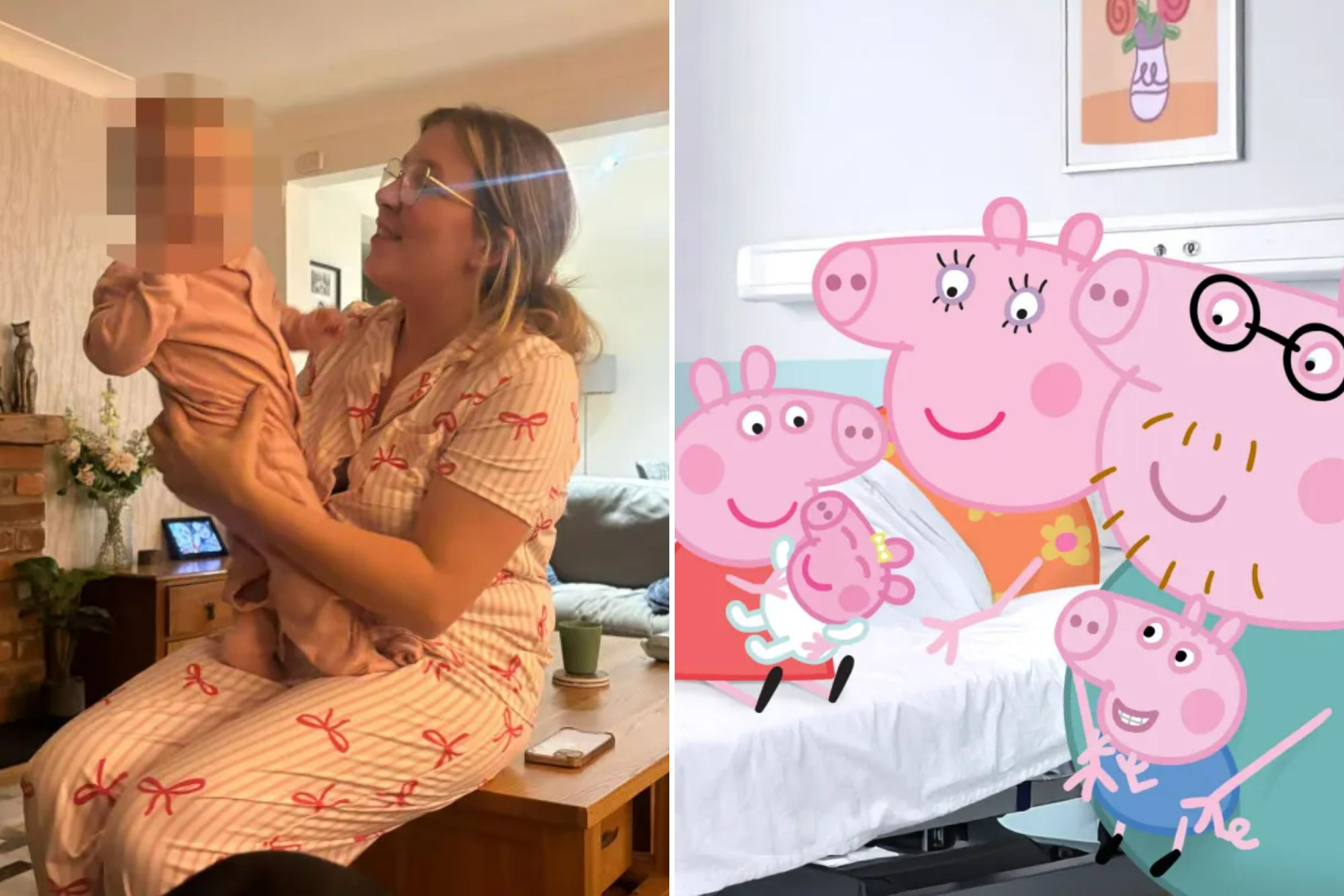 An image collage containing 2 images, Image 1 shows Mother in pajamas holding her baby in pajamas, sitting on a coffee table, Image 2 shows Illustration of Daddy Pig and Mummy Pig with their children, Peppa, George, and new baby Evie, in a hospital room