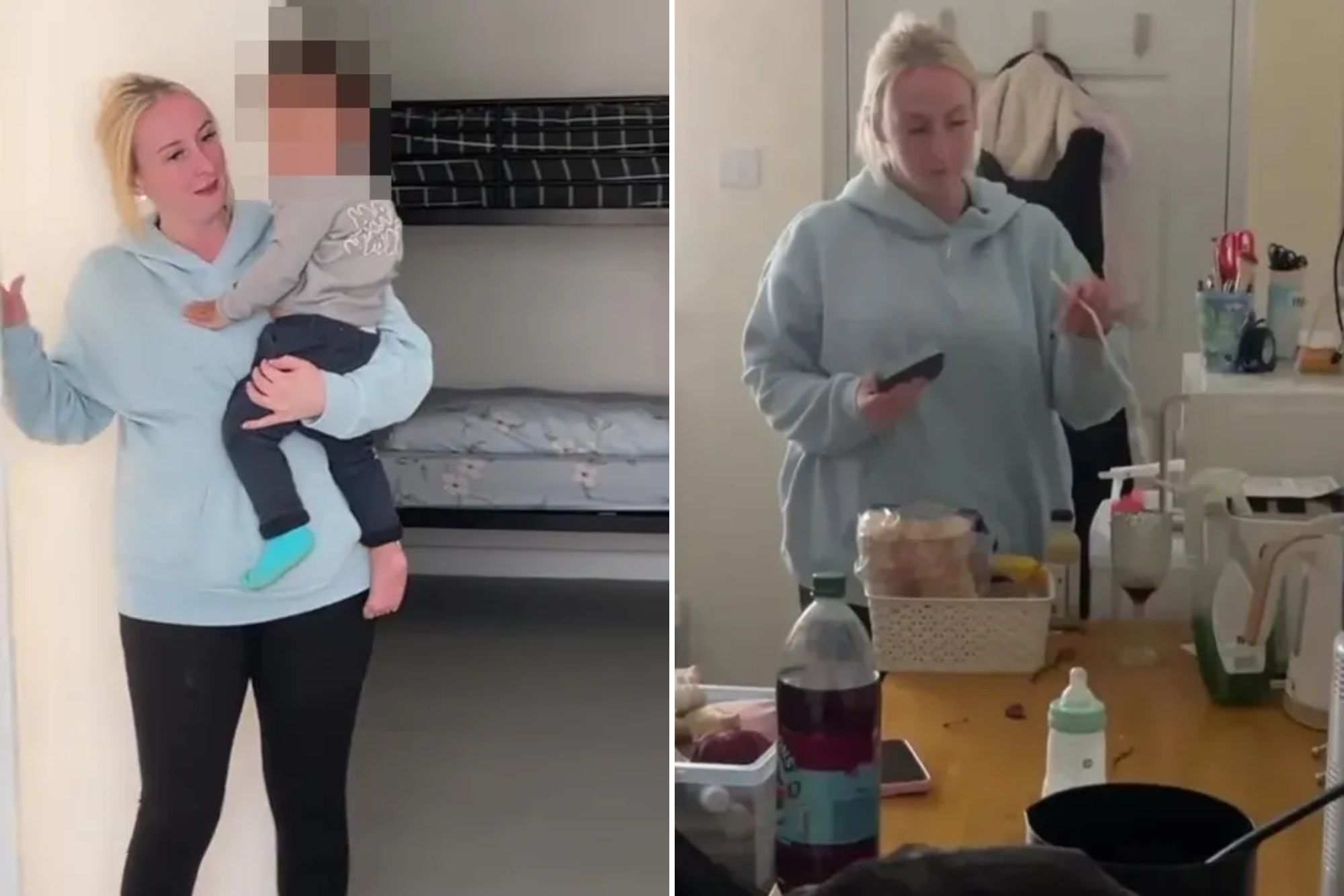 An image collage containing 2 images, Image 1 shows A mother holding her child in an empty room with bunk beds, showing the impact of homelessness, Image 2 shows A woman in a light blue hoodie holding a phone and a chopstick, with a cluttered table in front of her