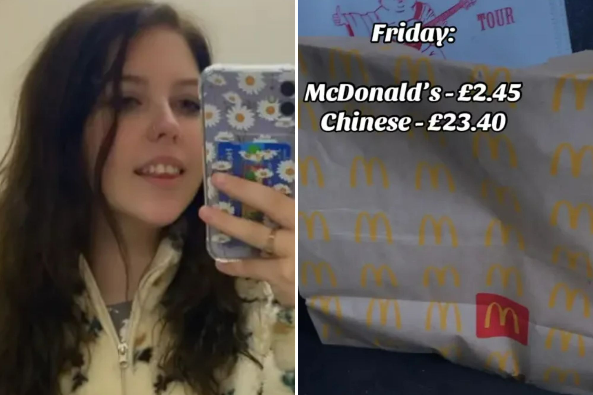 An image collage containing 2 images, Image 1 shows A young woman taking a mirror selfie with the text overlay "What I spent this week as an unemployed mum of 2 with credit card debt.", Image 2 shows True Religion bag and a McDonald's bag with text overlay "Friday: McDonald's - £2.45, Chinese - £23.40"