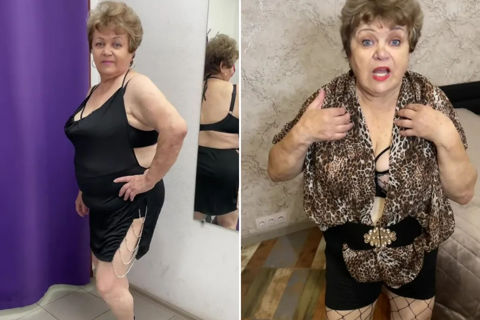 An image collage containing 2 images, Image 1 shows A woman in a black mini-dress with chain details posing in front of a mirror, Image 2 shows A woman in a leopard print blouse, black shorts, and fishnet stockings posing