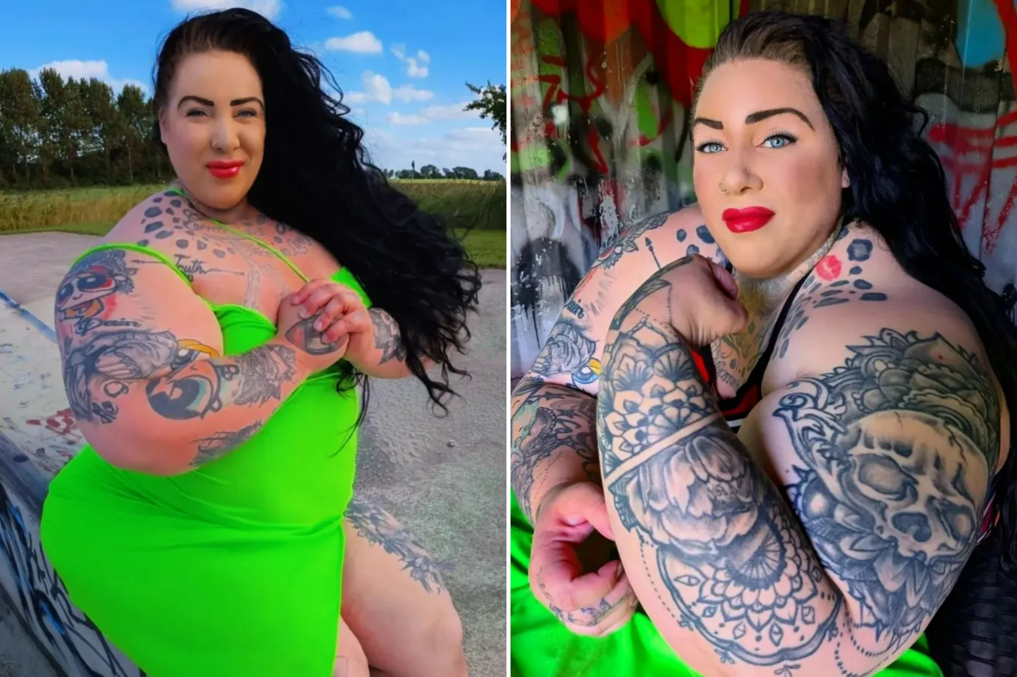 An image collage containing 2 images, Image 1 shows A woman with long black hair, in a neon green dress, with tattoos on her arms and legs, sits on a concrete ledge, Image 2 shows Woman with arm tattoos flexing her biceps
