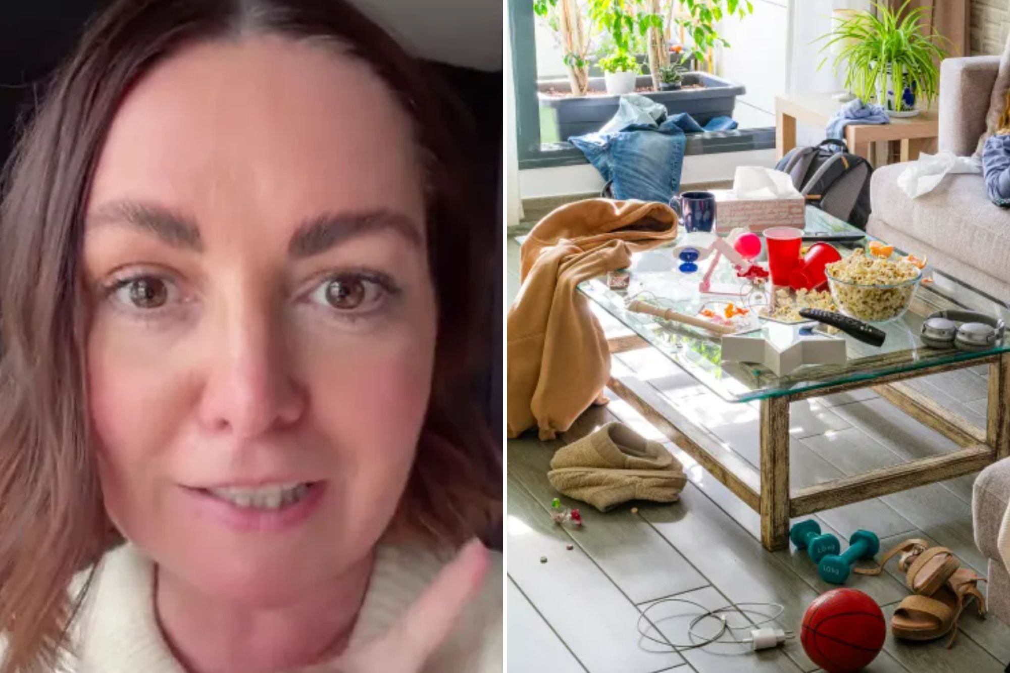 An image collage containing 2 images, Image 1 shows A woman with brown hair and a cream sweater points her finger, Image 2 shows Young woman lounging on a couch in a messy living room