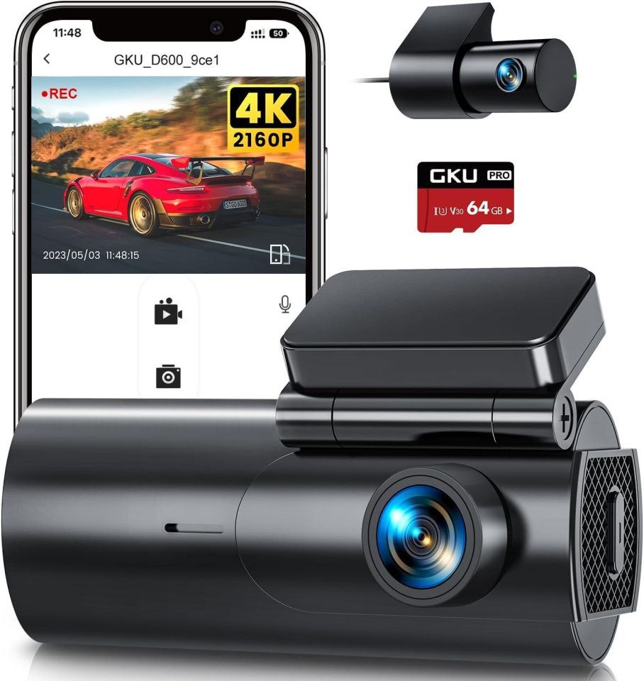 4K dashcam with smartphone app display.