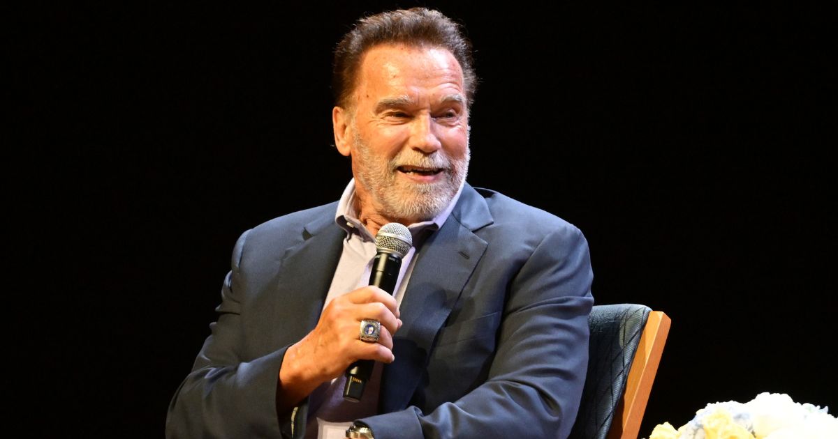 Arnold Schwarzenegger speaks at Chapman University in Orange, California, on Tuesday.