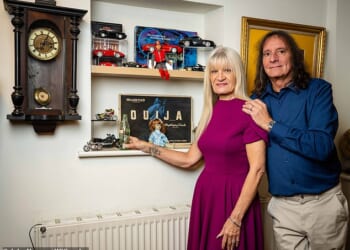 Chris Benwell and his fiancée Pam Webb next to the shelves that three glass ornaments fell from. 'We’re still finding bits of glass even today,' Pam, 61, says