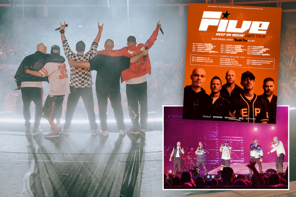 Collage of the boyband Five performing on stage and a poster for their "Keep on Movin' 2025 Tour."