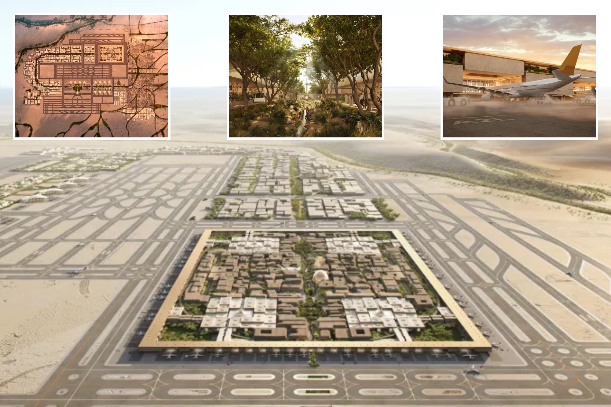 An image collage containing 4 images, Image 1 shows Illustration of King Salman International Airport design in Saudi Arabia, Image 2 shows Illustration of an aerial view of the King Salman International Airport complex in Saudi Arabia, Image 3 shows Illustration of the King Salman International Airport design, showing a park-like pathway with trees, a small stream, people cycling, and people relaxing, Image 4 shows Illustration of airplanes at King Salman International Airport at sunset