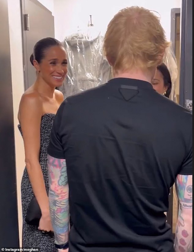 Meghan smiles at Ed Sheeran at Soho House in New York where the Sussexes have been dining regularly this week. She shared the image on her Instagram