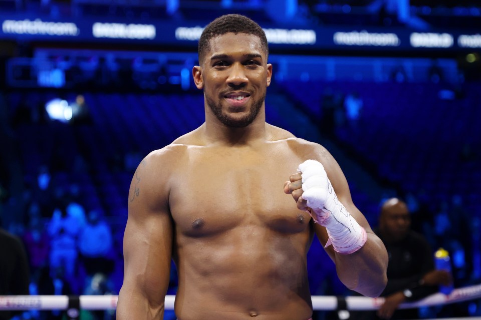 Boxer Anthony Joshua celebrates victory following the fight between him and Jermaine Franklin.