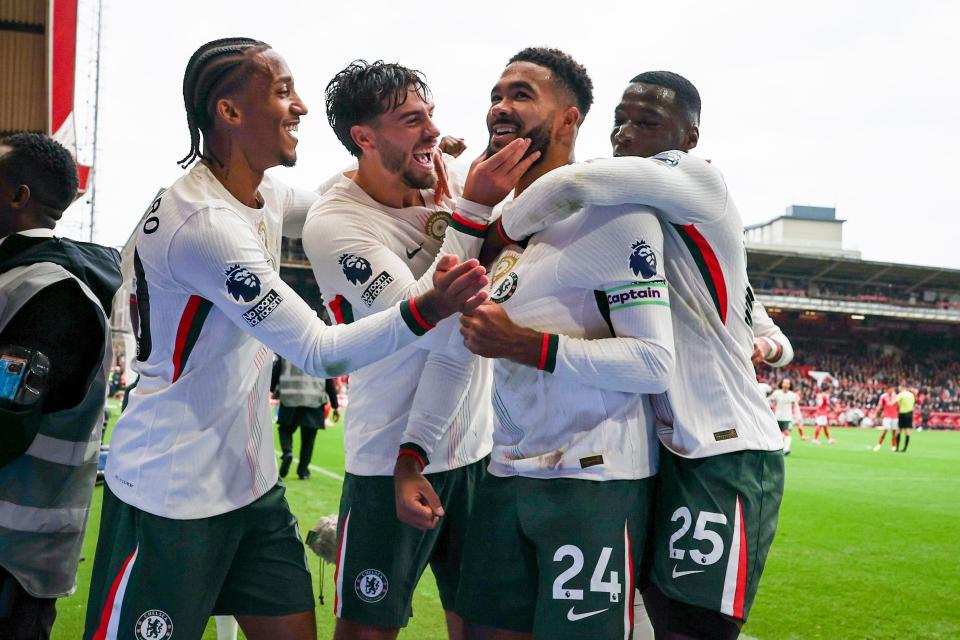 Chelsea defender Reece James scores a GOAL 0-3 and celebrates Chelsea forward Pedro Neto Chelsea forward Joao Pedro Chelsea midfielder Moises Caicedo during the Nottingham Forest v Chelsea Premier League match at the City Ground, West Bridgford, Engl