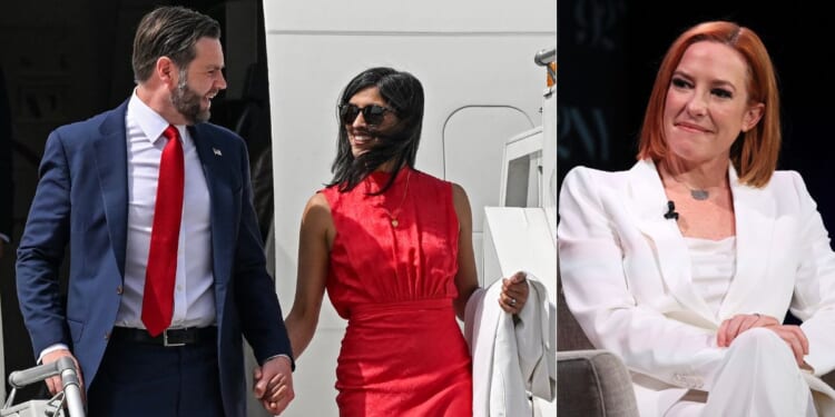 Vice President JD Vance, left, has responded to “disgraceful” comments made by former White House press secretary Jen Psaki, right, about his marriage with second lady Usha Vance, middle.