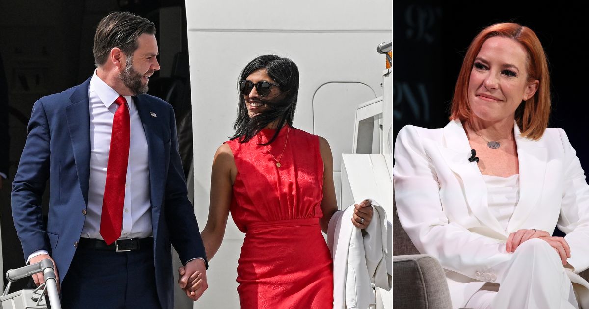 Vice President JD Vance, left, has responded to “disgraceful” comments made by former White House press secretary Jen Psaki, right, about his marriage with second lady Usha Vance, middle.