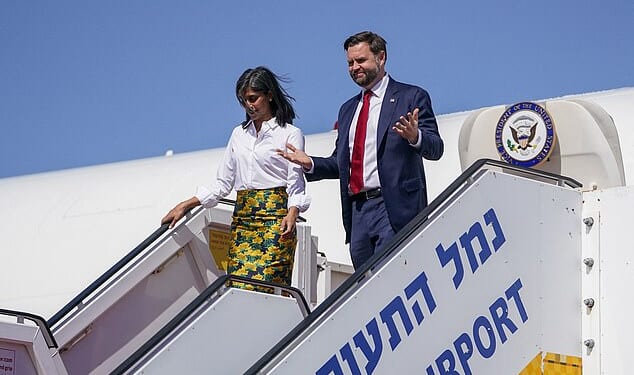 Vice President JD Vance and Second Lady Usha Vance disembark from their plane upon arriving at Ben Gurion Airport in Tel Aviv on October 21