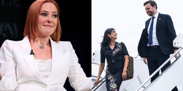 Former White House press secretary Jen Psaki, left, spoke out against Vice President JD Vance, right, and second lady Usha Vance, center, on Tuesday, claiming Usha Vance is scared of her husband.