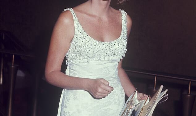 Joan Kennedy in a beaded white formal dress, circa 1970