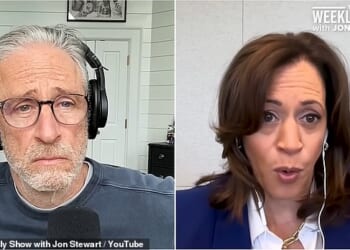Jon Stewart was left visibly shocked after former Vice President Kamala Harris said she believes Joe Biden was 'fully competent' to serve another term in the White House