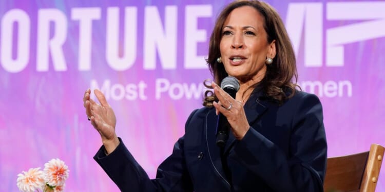 Former Vice President Kamala Harris speaks onstage during the Fortune Most Powerful Women Gala 2025 at Washington National Cathedral October 14 in Washington, D.C. The Democratic National Committee is still paying down debt from Harris' failed 2024 campaign for president.