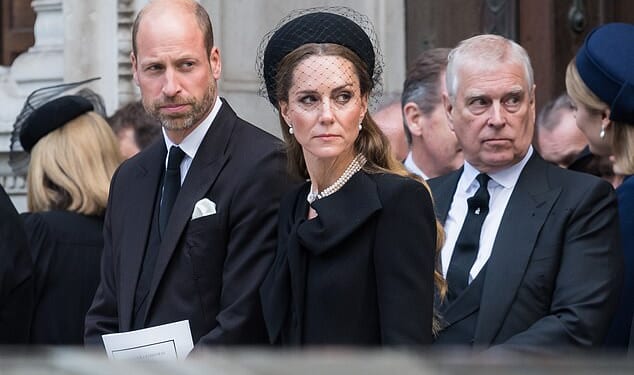 William, Prince of Wales, Catherine, Princess of Wales and Prince Andrew, Duke of York attend Requiem Mass service at Westminster Cathedral for the Duchess of Kent last month