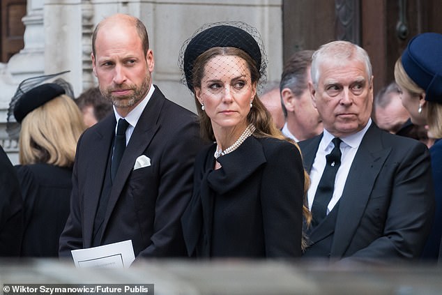 William, Prince of Wales, Catherine, Princess of Wales and Prince Andrew, Duke of York attend Requiem Mass service at Westminster Cathedral for the Duchess of Kent last month