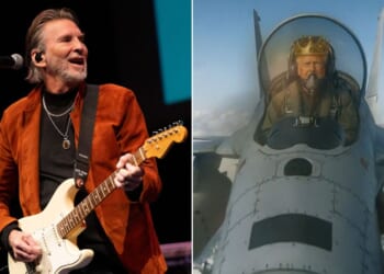 Rocker Kenny Loggins, left, complained about the AI-generated video of "King Trump" that featured one of his songs from the 1986 movie "Top Gun."