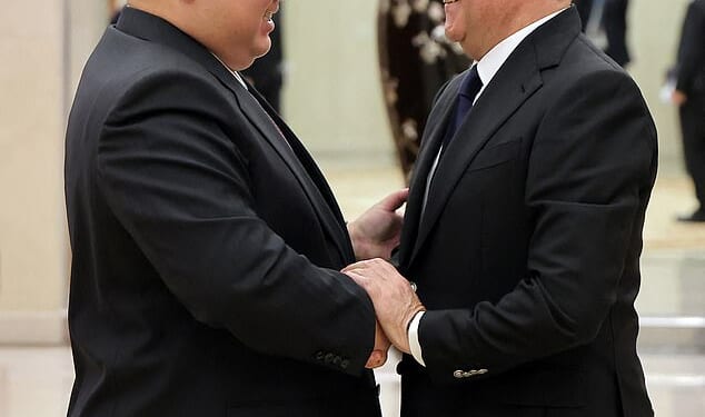 North Korean leader Kim Jong Un meets with Deputy Chairman of the Russian Security Council and leader of the United Russia political party Dmitry Medvedev as he visits the country for an event marking the 80th anniversary of the founding of the ruling Workers' Party of Korea (WPK), in Pyongyang, North Korea, in this pictured released October 11, 2025