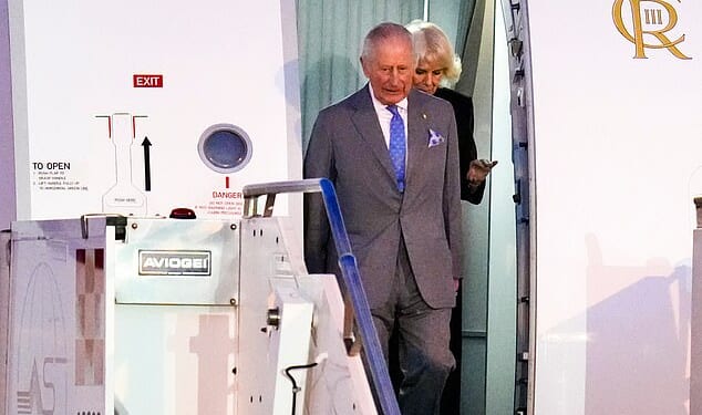 King Charles and Queen Camilla step off their plane as they arrive at Rome-Ciampino Airport ahead of their State visit to the Vatican