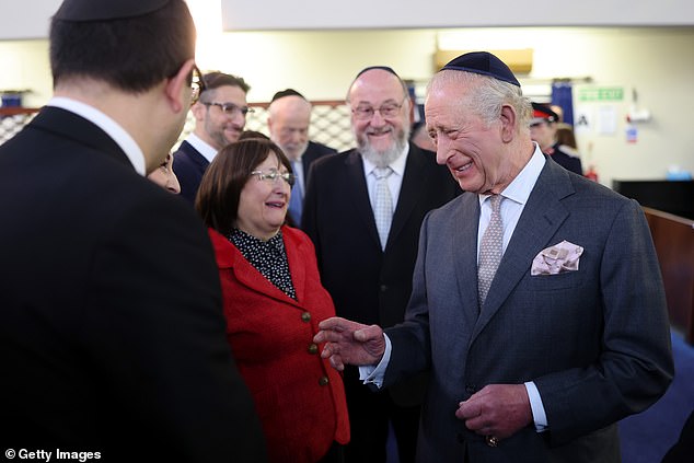 The King meets people on a trip to Heaton Park Hebrew Congregation Synagogue today