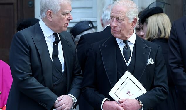 Andrew and Charles at Westminster Cathedral last month after the Duchess of Kent's funeral