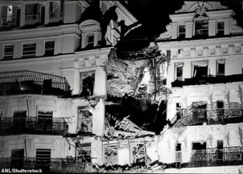 Labour was last night accused of opening the door for Republican terrorists with its repealing of the Legacy Act. Pictured: The aftermath of the Grand Hotel in Brighton hit by an IRA bomb on October 12, 1984