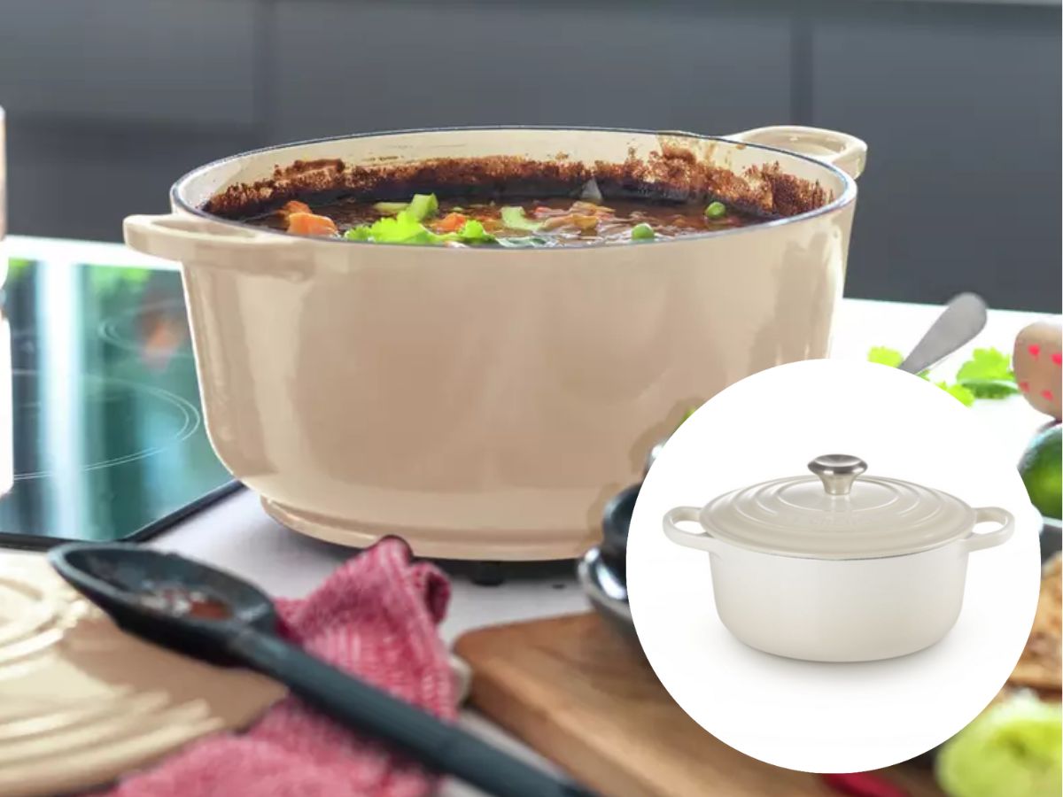 A collage of a creamy Dutch oven filled with stew and a separate photo of the same empty Dutch oven with its lid.