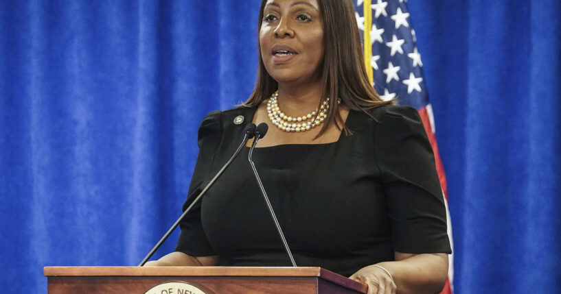 New York Attorney General Letitia James is pictured speaking in a file photo dated Feb. 16, 2024.