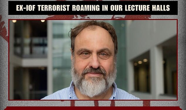 Distributed leaflets plaster the economics professor's face beneath the capitalised word 'terrorist' on a blood-stained background alongside the slogan 'shame on City University'