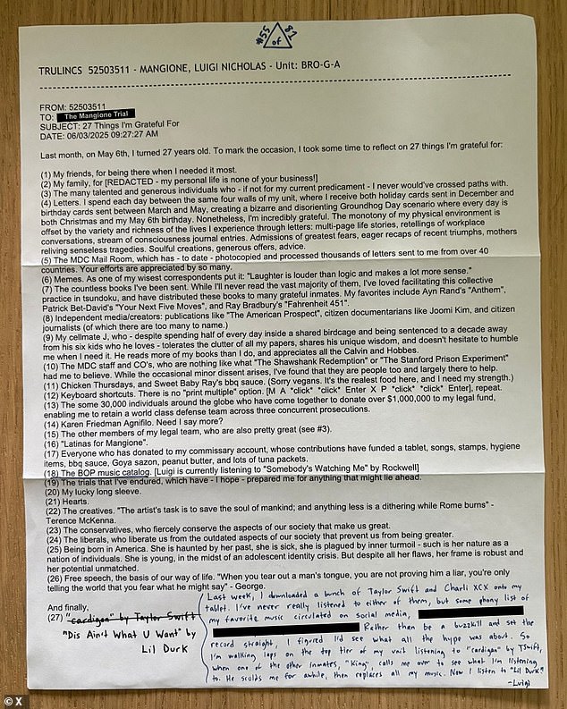 In a newly released letter allegedly sent to a fan by Luigi Mangione, he said he'd given Taylor Swift and Charli XCX a listen in the prison yard - until a fellow inmate stepped in