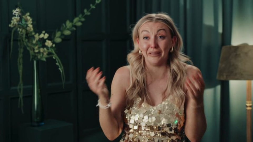 Sarah, a Married At First Sight bride, crying and looking distraught.