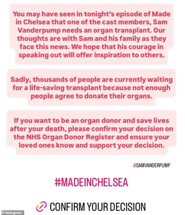 After the heartbreaking episode aired, the Instagram account for NHS Organ Donation said they hope Sam serves as an 'inspiration' to others