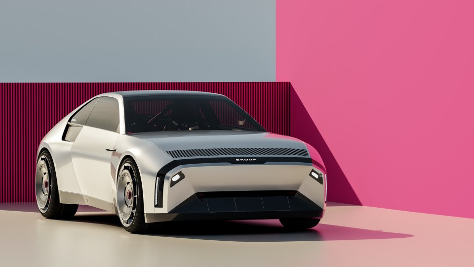 Illustration of a modern, white Skoda 110 R parked against a pink and gray background.