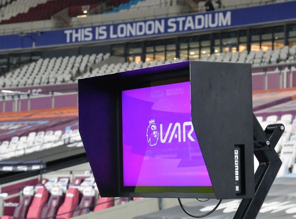 VAR screen displaying the Premier League logo at London Stadium.