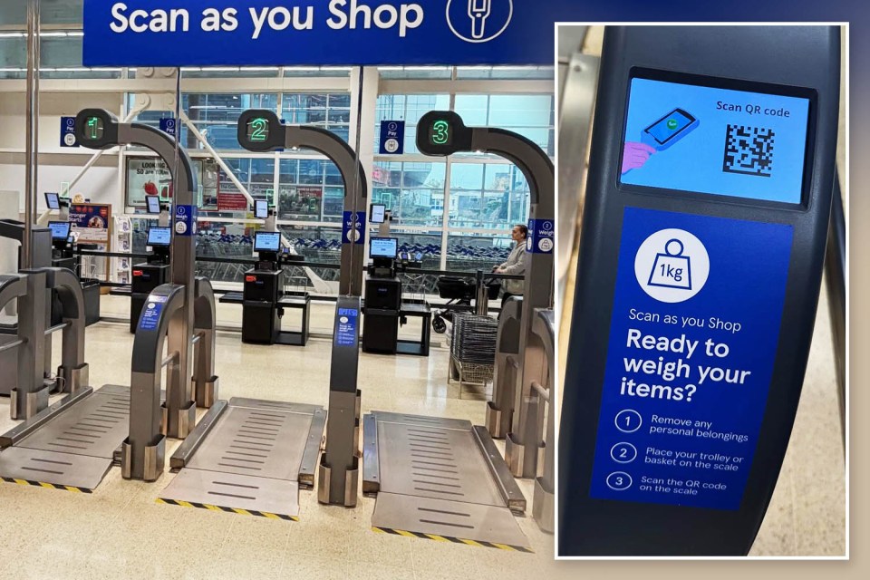 A collage of Scan as you Shop self-checkout machines in a supermarket and a close-up of a screen asking to weigh items.