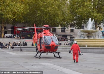 A 57-year-old man has been rushed to hospital after being hit by a falling 'cast iron decorative ball' in London's Piccadilly Circus