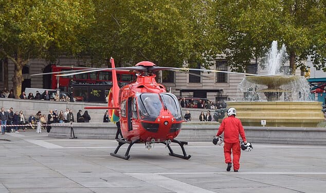 A 57-year-old man has been rushed to hospital after being hit by a falling 'cast iron decorative ball' in London's Piccadilly Circus
