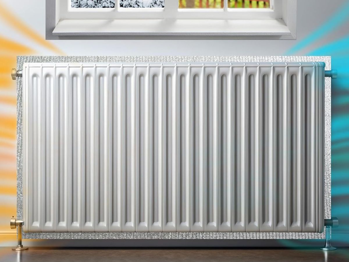 Illustration of a radiator with heat radiating outwards, and cold air from a window radiating inwards.