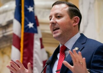 Maryland state Senate President Bill Ferguson addresses the senate chamber during the opening session of the Maryland General Assembly at the State Capitol in Annapolis, Maryland, on Jan. 10, 2024.