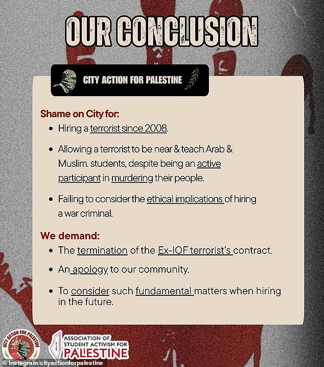 The group concludes 'shame' on City for: 'Allowing a terrorist to be near & teach Arab & Muslim students, despite being an active participant in murdering their people'