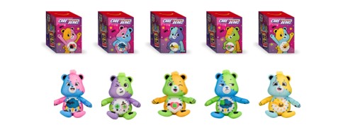 Five different two-toned Care Bears plush toys next to their packaging.