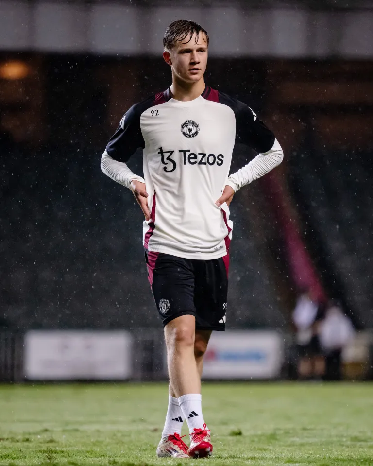 Jim Thwaites of Manchester United looks on during a training session.
