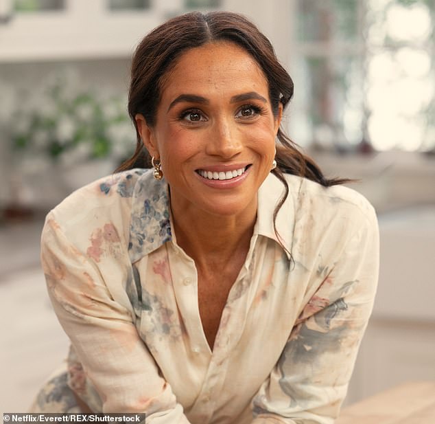 The monogram - made up of the letter M with a crown on top - was unveiled ahead of Meghan's wedding to Prince Harry in 2018. Pictured, the Duchess on her Netflix show With Love, Meghan