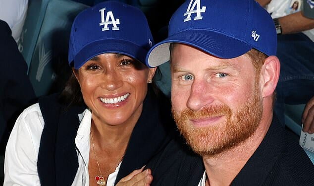 Meghan Markle, left, glimmered from the bleachers last night as she enjoyed an atmospheric evening watching the LA Dodgers baseball game with Prince Harry, right, just hours after launching a festive collection for her lifestyle brand
