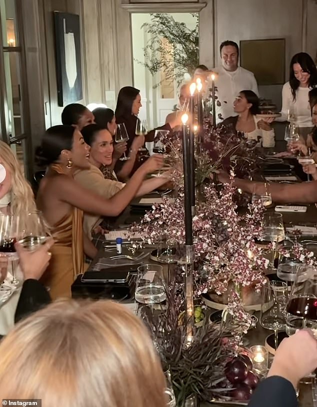 Guests clink glasses of Meghan's wine, which washed down an entirely plant-based dinner